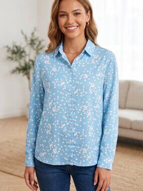 NWT Dokotoo Blue White Floral Print Button Down Collared Blouse Top Medium